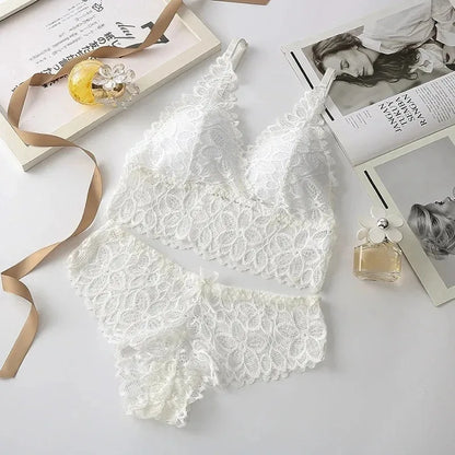 Sexy Lace Lingerie Set – Seamless Wire-Free Bra & Panty with Embroidery Hollow-Out Design