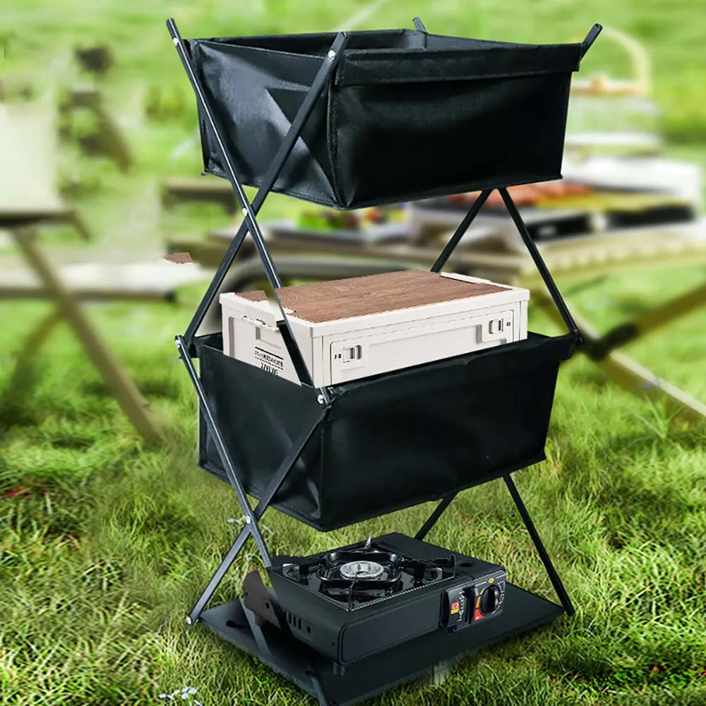 TARKA 3-Layer Folding Camping Storage Rack – Portable Multifunctional Shelf for Picnic, Barbecue & Outdoor Use