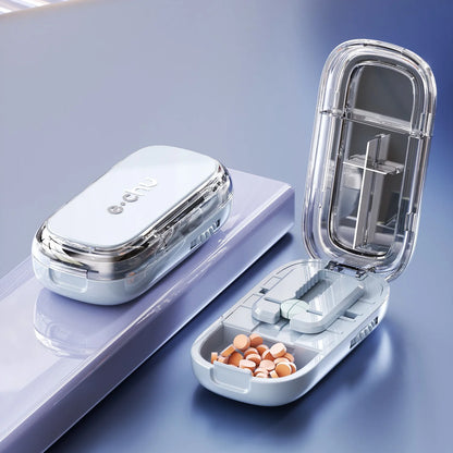 Quartering Pill Cutter & Storage Box – Portable Dustproof Medicine Tablet Crusher with Divider Organizer