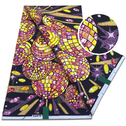 African Golden Glitter Wax Fabric - Soft Ankara Pagne Batik Gold Print Material for Women