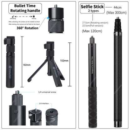 Carbon Fiber Invisible Selfie Stick 1.2m/3m – Bullet Time Rotating Tripod Handle for GoPro & Insta360 X4/X3/X2