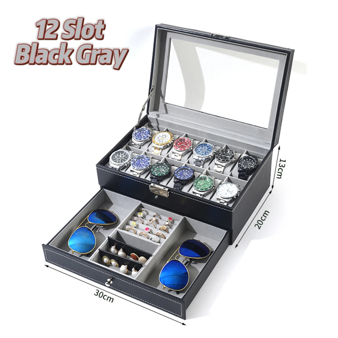 2024 12-Slot Leather Watch Storage Box — Lockable 2-Tier Organizer & Jewelry Display Drawer for Men & Women