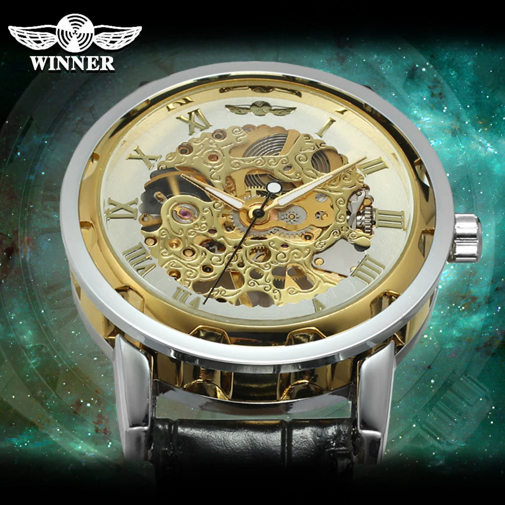 T-Winner Classic Skeleton Watch – Mechanical Hand-Wind Wristwatch with PU Leather Strap for Men & Women