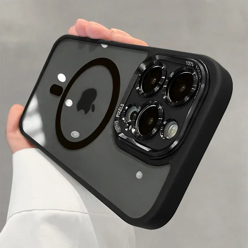 Luxury Magnetic Metal Lens Case – Hard Clear Protective Cover for iPhone 16, 15, 14, 13, 12, 11 Pro Max with Wireless Charging