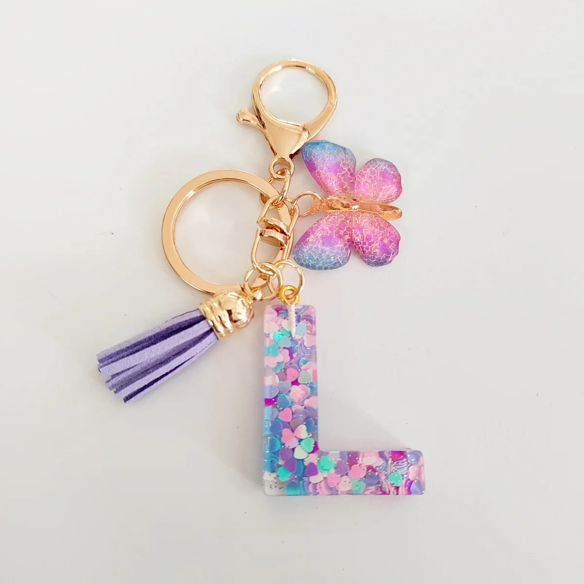 Butterfly Fringe Initial Keychain - Sequin A-Z Letter Bag Charm for Women, Students & Gifts