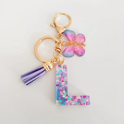 Butterfly Fringe Initial Keychain - Sequin A-Z Letter Bag Charm for Women, Students & Gifts