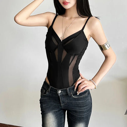 Women’s Solid Color Lace Mesh Jumpsuit – Sleeveless Summer Bodysuit & Casual Street Outfit
