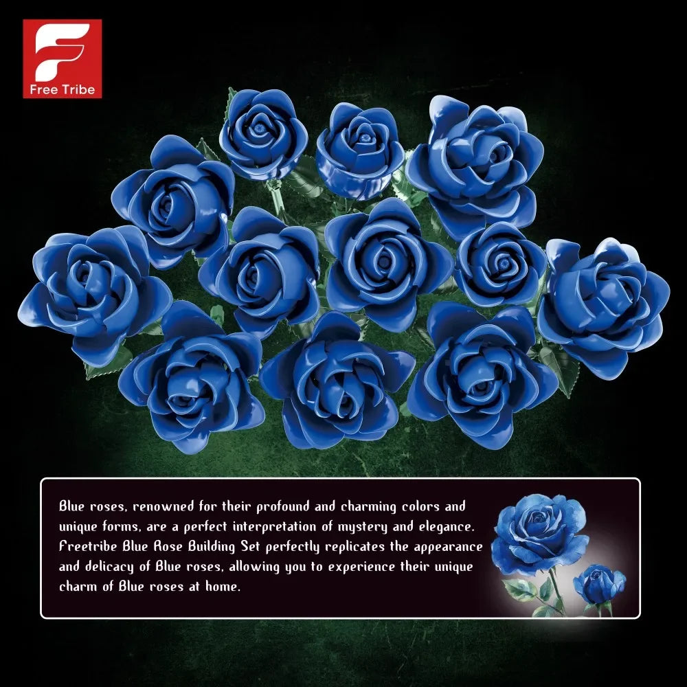 585PCS Blue Rose Building Block Set – Simulation Flower Bouquet Model Bricks, Decorative Ornament, Romantic Gift for Adults & Kids