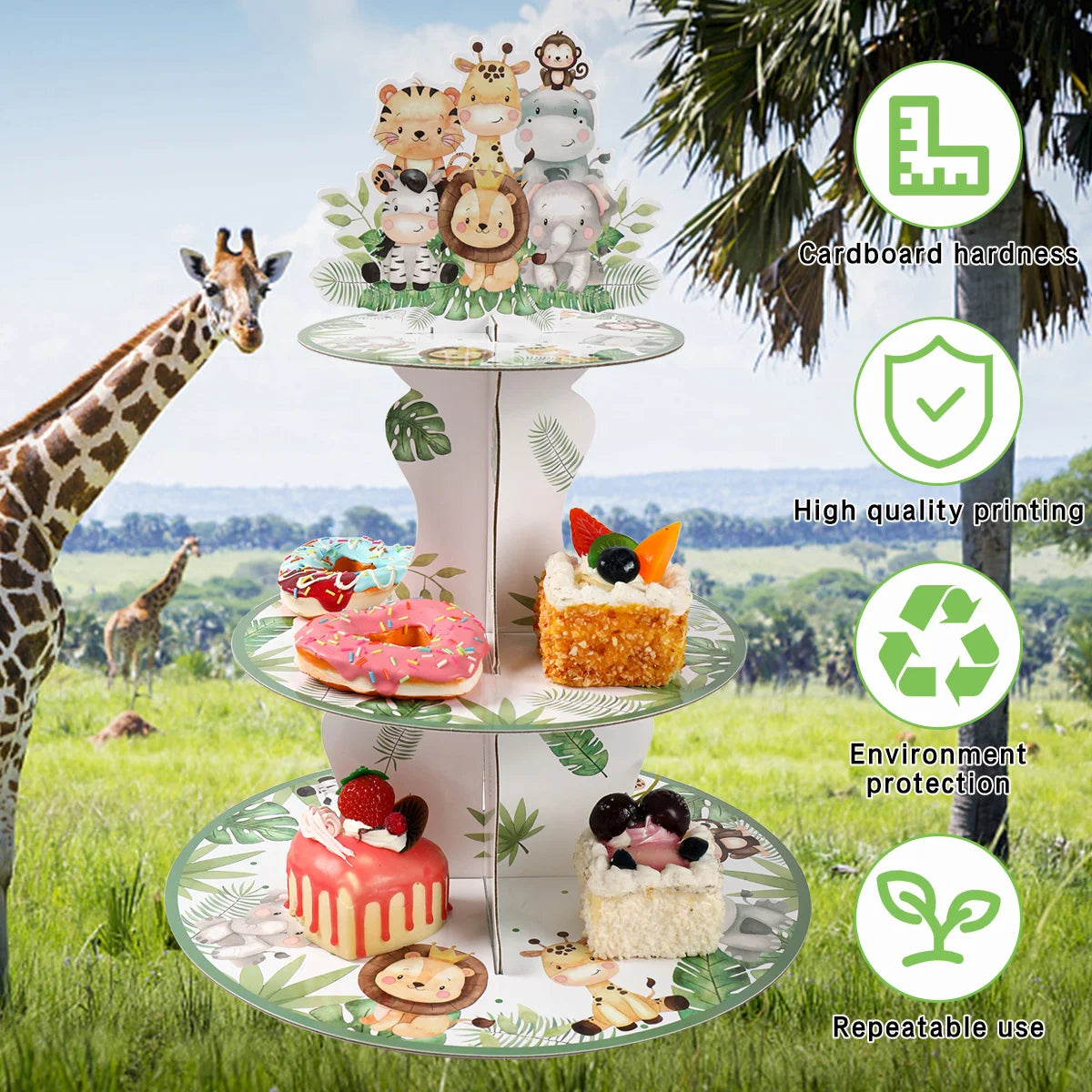 Jungle Animals Safari Cupcake Stand - Baby Shower & Birthday Party Decorations - Cupcake Holder for Kids Wild One Party Supplies