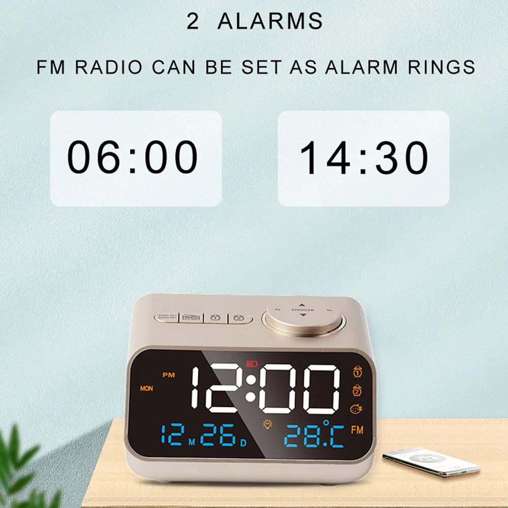 FM Radio, LED Alarm Clock, and Digital Table Calendar with Temperature, Thermometer, and Humidity Hygrometer for Bedside Bliss
