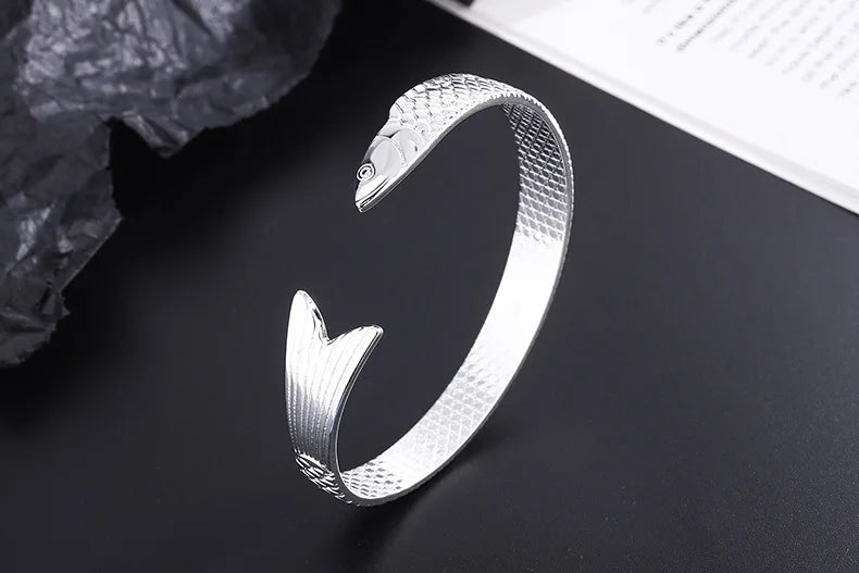 925 Sterling Silver Dragon Bracelet — Creative Lucky Fortune Fish Bangle TYB110