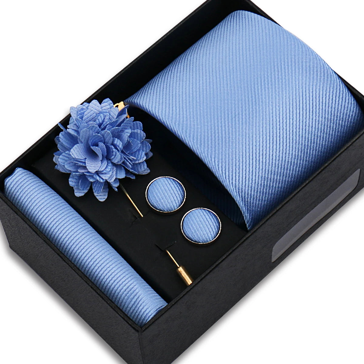Men's Solid Color Tie Set - Jacquard Necktie, Hanky, Cufflinks & Brooch Gift Box for Weddings