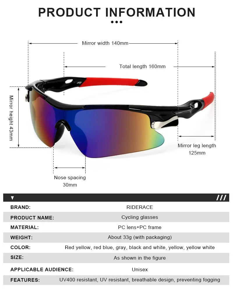 RIDERACE Sports Sunglasses | Road Bicycle Glasses for Mountain Cycling, UV Protection Goggles