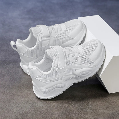 White Kids Leather Casual Shoes — Boys & Girls Outdoor Running Sneakers, Breathable Mesh, Non-Slip School Walking Sport Shoes