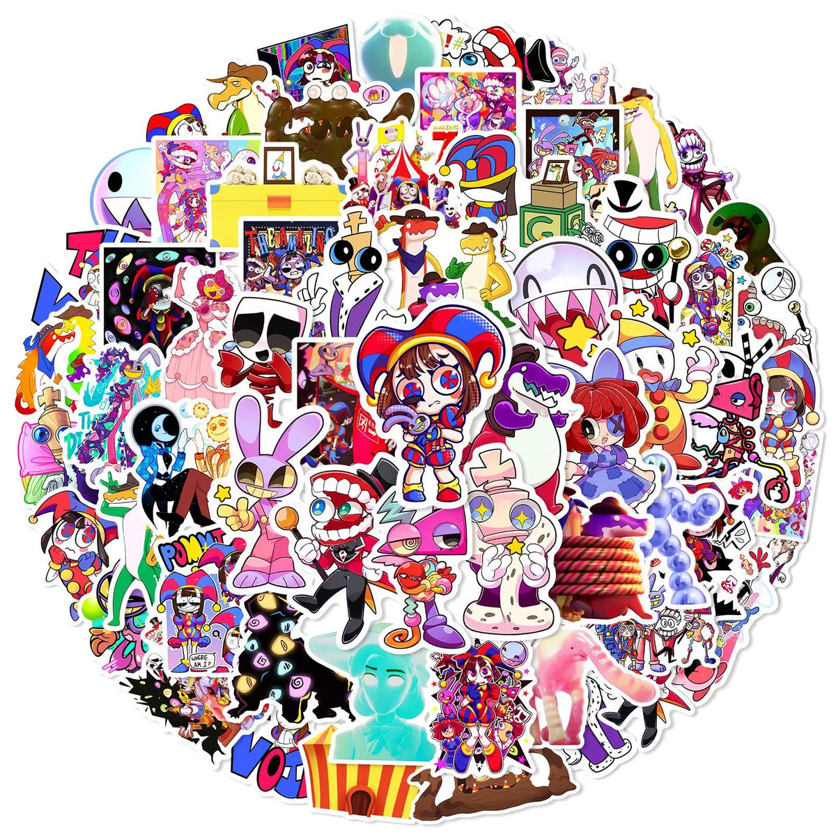 60-Piece Magical Circus Graffiti Sticker Set - Colorful Birthday Party, Luggage, Skateboard, and Phone Decoration Decals