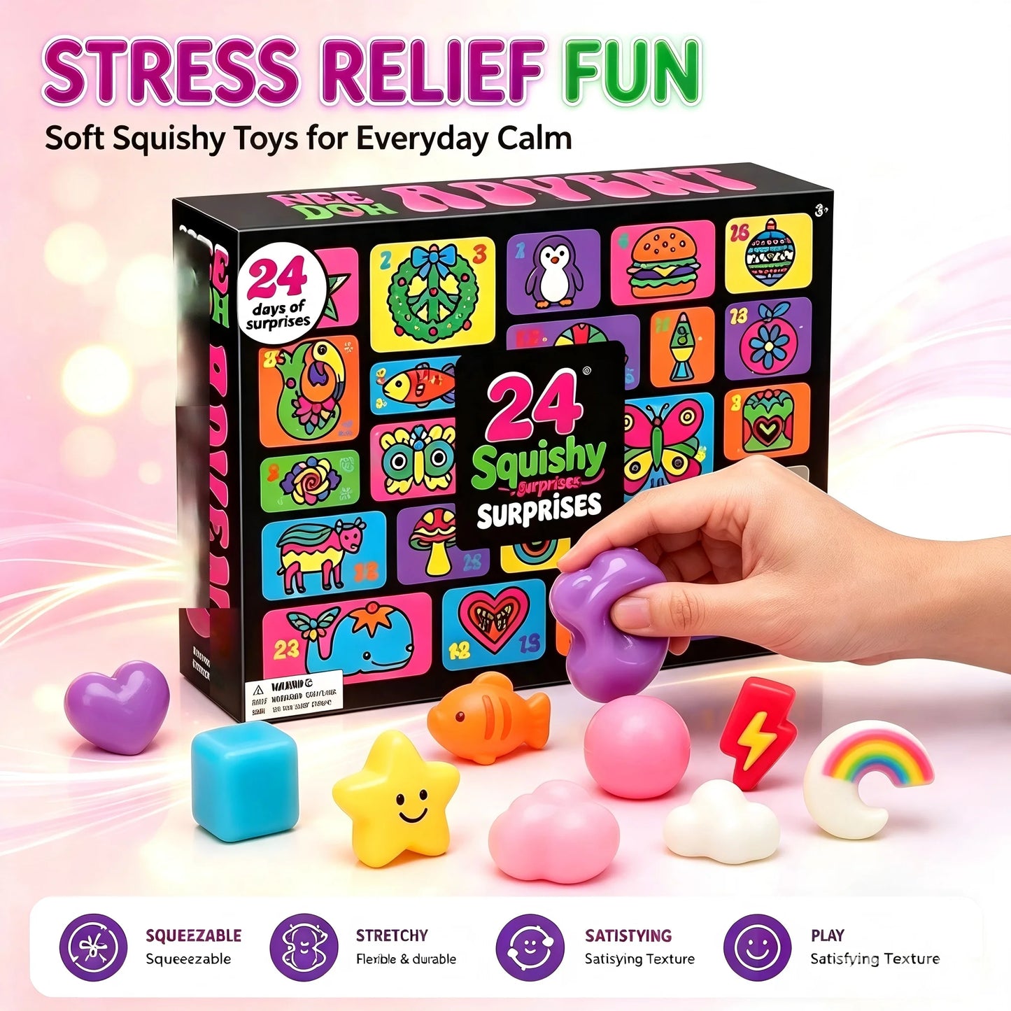 24PCS Squishy Fidget Advent Calendar - Cute Slow-Rebound Anxiety Relief Mystery Gift Box