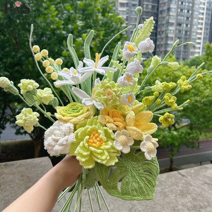Handmade Crochet Flower Bouquet – Peony, Tulip & Rose Artificial Flowers for Wedding, Home Decor & Gift