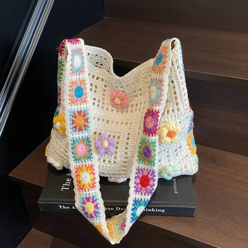 Women’s Boho Crochet Tote Bag – Floral Knitted Large Capacity Beach Shoulder Bag Summer Woven Shopper Handbag