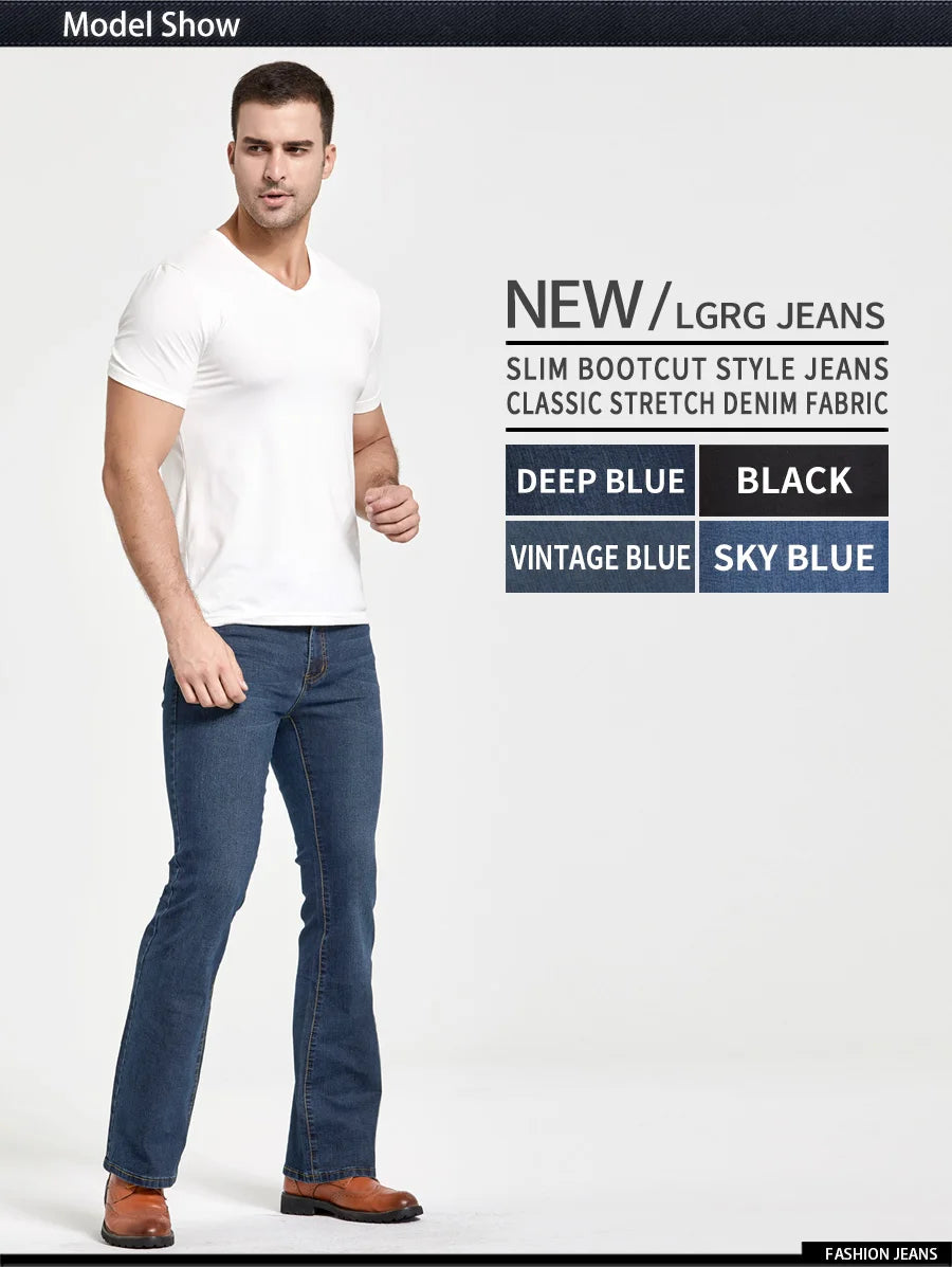Men’s Bootcut Jeans — Slim Fit Stretch Denim Pants Slightly Flared Classic Designer Trousers Blue Black