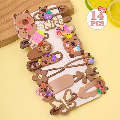 14-Piece Cute Capybara Hair Clip Set - Multicolor Butterfly and Flower Fashion Hair Accessories for Girls