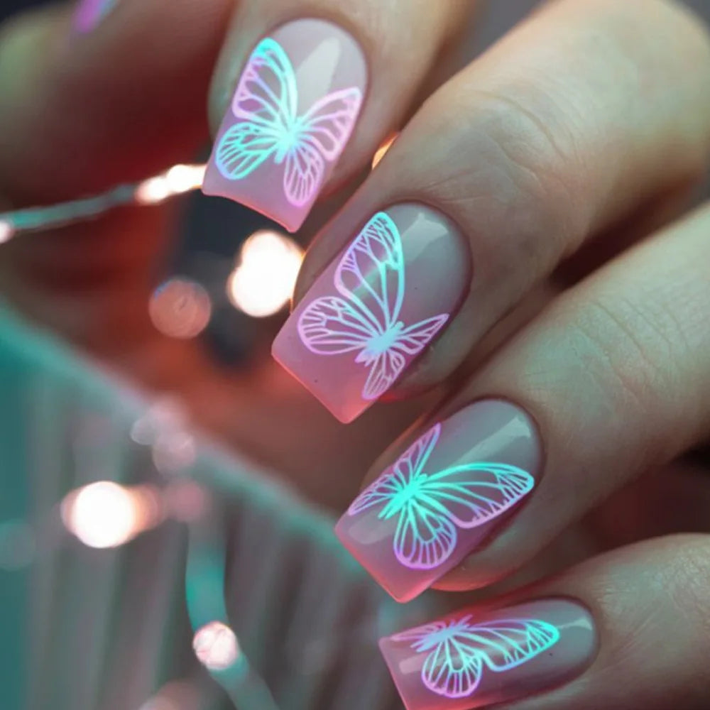 24pcs Blue Golden Stripe Press-On Nails Shiny Powder Long Square Full Cover False Nail Tips Wearable Love Design