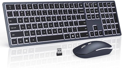 Backlit Wireless Keyboard and Mouse Combo – 2.4G USB Rechargeable Silent Full-Size Slim Set