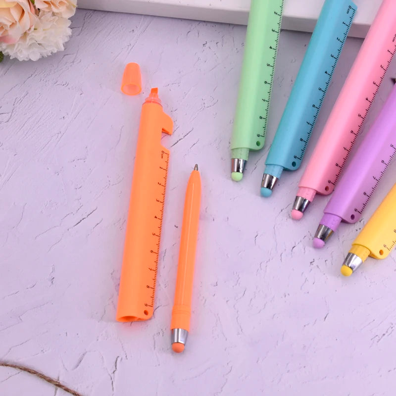 6-Piece 5-in-1 Multifunctional Ballpoint Pens - Ruler, Stylus, Phone Holder & Highlighter Set for School & Office