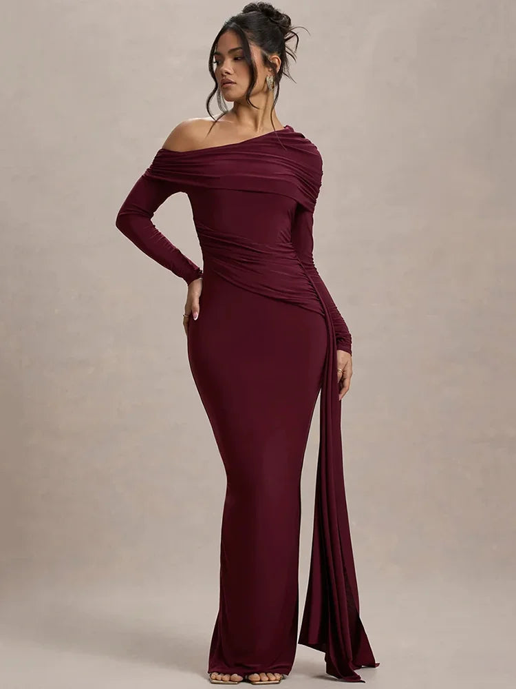 Mozision Women’s Long Sleeve Maxi Dress – Sexy Backless Draped Ruched Bodycon Gown, Skew Collar Elegant Club Dress