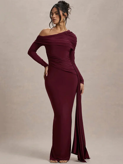 Mozision Women’s Long Sleeve Maxi Dress – Sexy Backless Draped Ruched Bodycon Gown, Skew Collar Elegant Club Dress