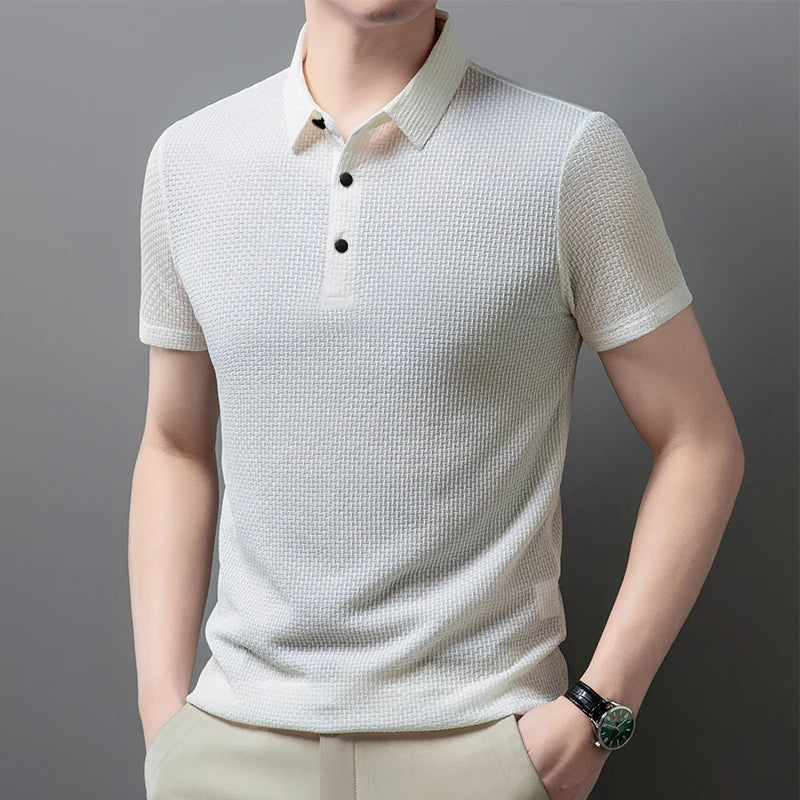 Men’s Business Casual Short Sleeve Polo — Solid Color Floral Summer Shirt, Breathable & Comfortable
