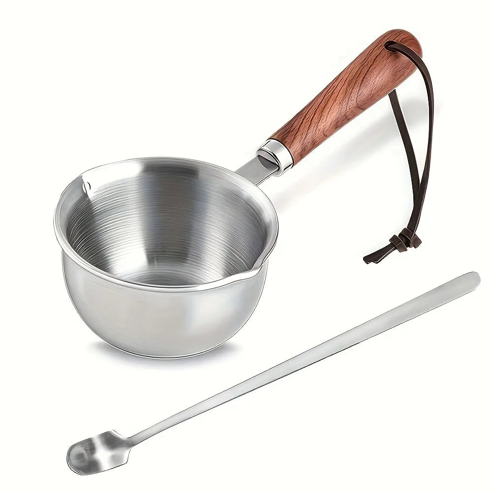 10oz Stainless Steel Melting Pot - Wooden Handle Saucepan for Cooking, Candle Wax & DIY Crafts