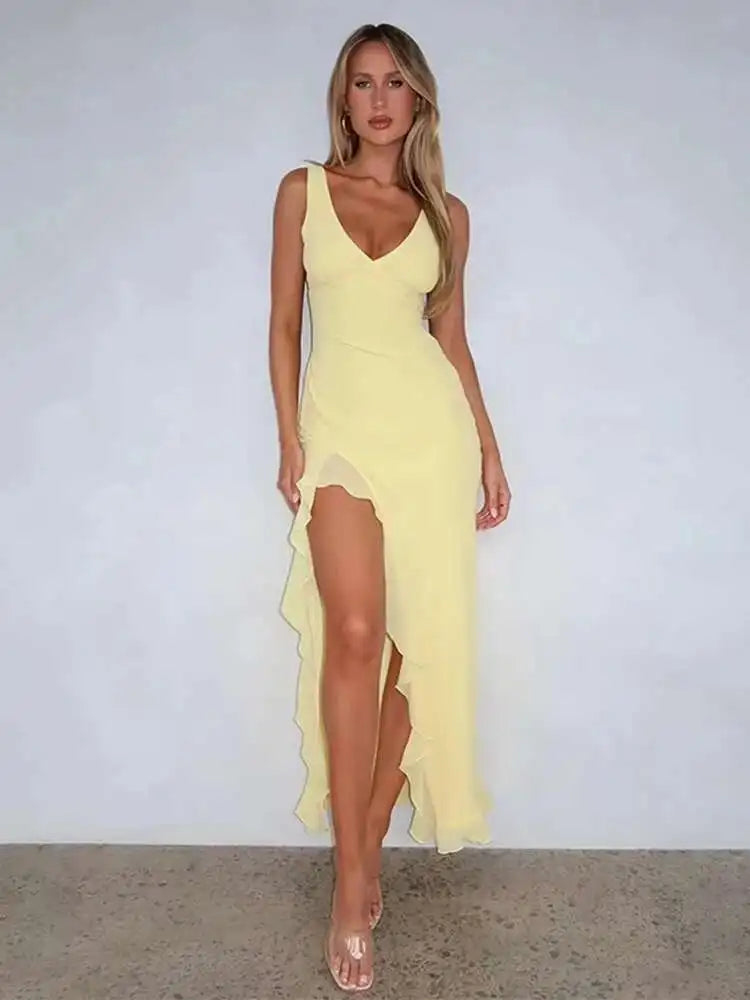 Avrilyaan Women’s Ruffle High Split Backless Midi Dress – Elegant Sexy Evening Party Summer Robe, Slim Fit Fashion Vestido 2024