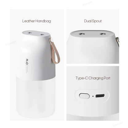 KINSCOTER Portable Double Mist Air Humidifier – 300ml Cold Mist Diffuser, 2000mAh Car Air Purifier & USB Mini Air Freshener