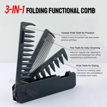 Newest 1/2/3-in-1 Portable Folding Comb – Wide Tooth Barber Clipper, Mini Beard & Hair Combing Styling Tool