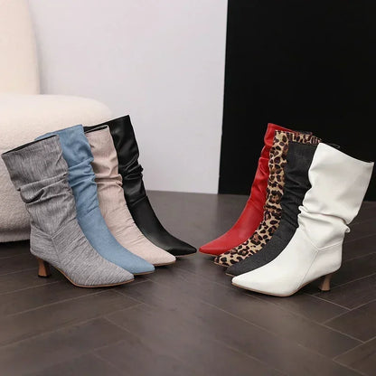 Women’s Winter Pleated Denim Mid-Calf Boots – Pointed Toe Slip-On Slouch Boots with Kitten Heels for Party & Club (Blue, Red, Black)