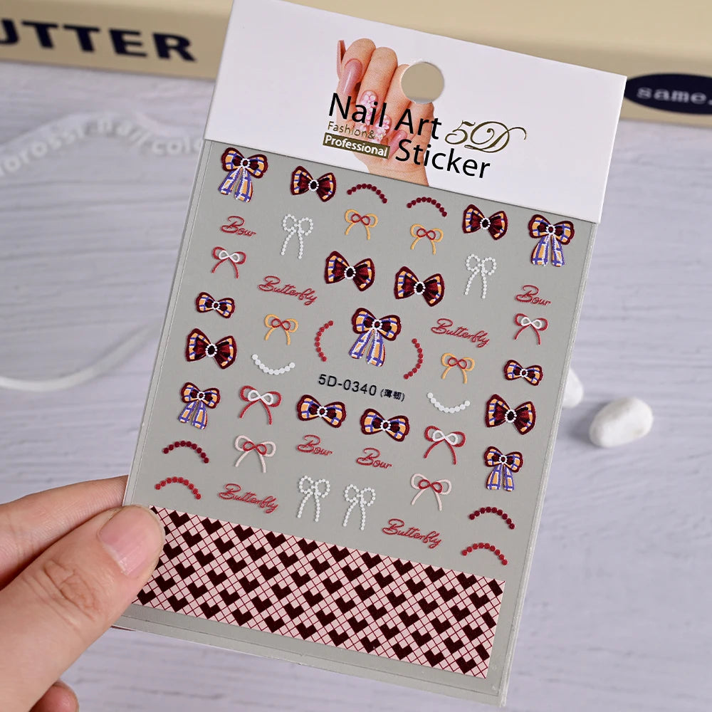5D Pink & White Bowknot Nail Stickers – Self-Adhesive Kawaii Ribbon Nail Art Decals for DIY Manicure & Nail Decoration