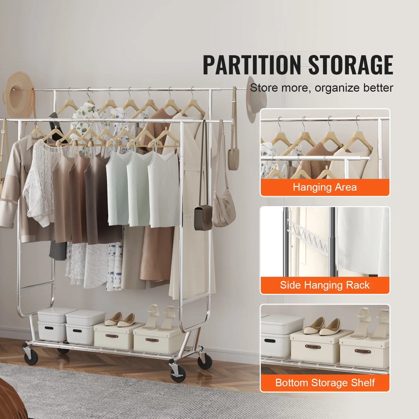 VEVOR Heavy Duty Garment Rack – Adjustable Length Clothes Rack with Bottom Shelf & Wheels for Laundry Room