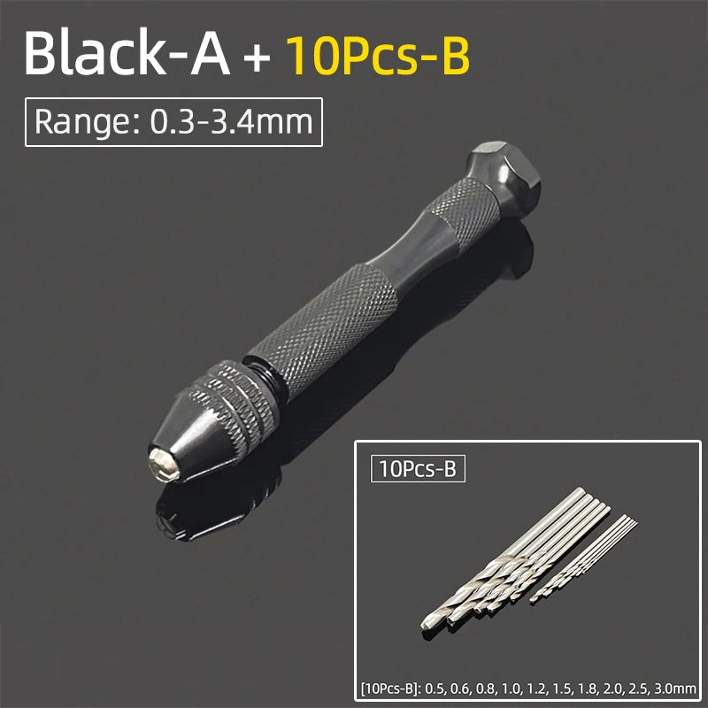 Mini Aluminum Hand Drill 0.3–3.4mm – Keyless Chuck Micro Rotary Tool with HSS Twist Drill Bit Set for Wood & DIY Crafts