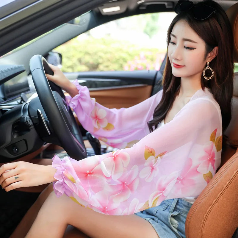 Print Flower Chiffon Sun Protection Beach Shawl for Women - Stylish Sunscreen Riding Arm Shade Scarf - Perfect for Outdoor Cycling and Driving Sleeve