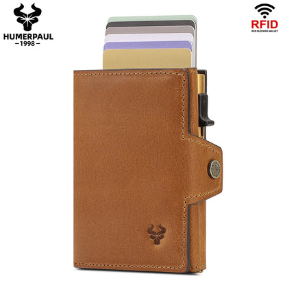 HUMERPAUL Men’s Pop-Up Card Holder – Crazy Horse Leather RFID Blocking Slim Wallet with Money Pocket & Metal Bank Card Case