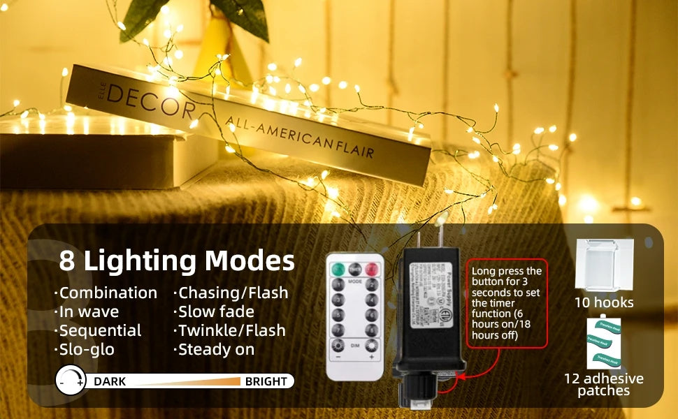 Outdoor Remote Control Copper Wire Lights — Starry Sky & Flower Wreath Decorative String Lights for Christmas & Holidays