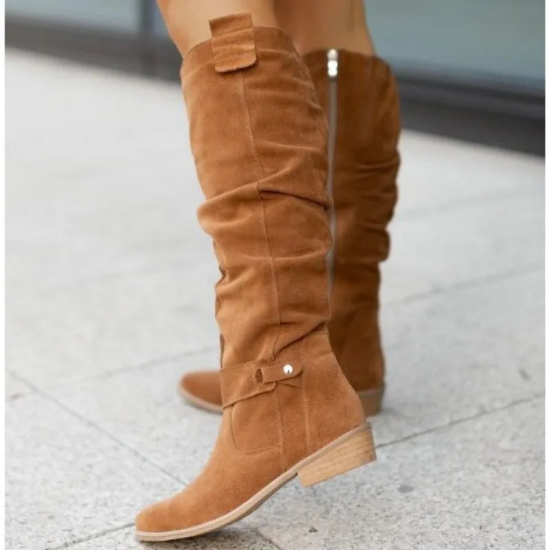 Women’s Thigh-High Suede Boots – Low Heel Side-Zip Knee-High Booties, Retro Autumn Winter Size 43