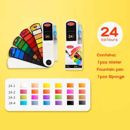 18–42 Color Solid Watercolor Set – Foldable Travel Paint Kit with Water Brush Pen & Fan-Shaped Art Painting Tools