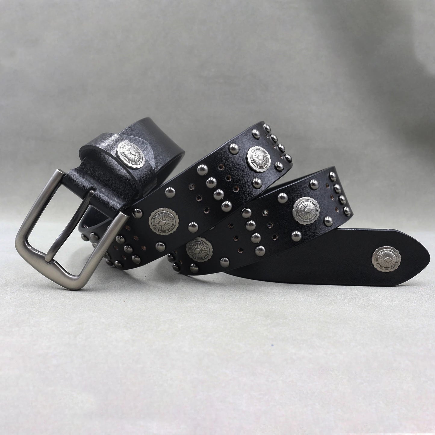 Men’s Designer Rivet Belt – Genuine Cowhide Leather Punk Rock Pin Belt for Jeans, Luxury Black Leather Belt