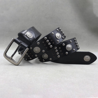 Men’s Designer Rivet Belt – Genuine Cowhide Leather Punk Rock Pin Belt for Jeans, Luxury Black Leather Belt