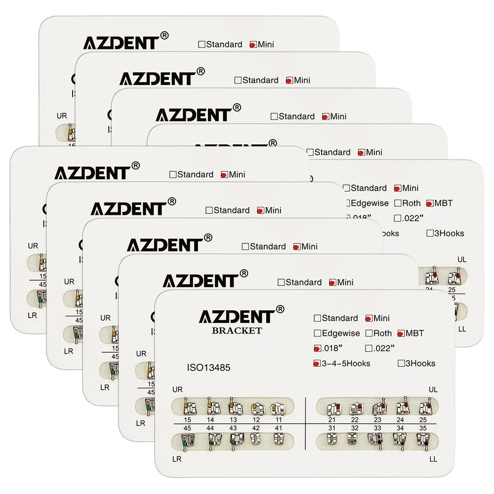 AZDENT 10 Packs Dental Brackets – Orthodontic Metal Mini Standard Roth MBT Slot 0.022/0.018 with Hooks, 20 Pcs per Pack