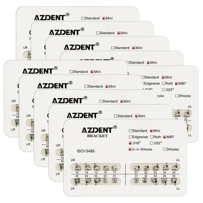 AZDENT 10 Packs Dental Brackets – Orthodontic Metal Mini Standard Roth MBT Slot 0.022/0.018 with Hooks, 20 Pcs per Pack