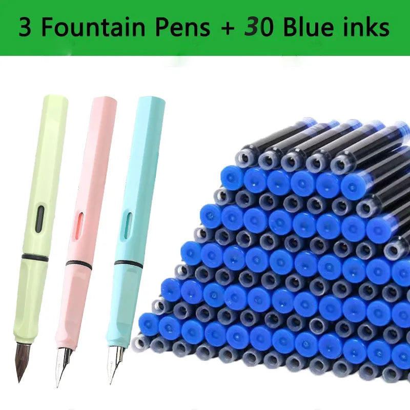 33PCS Kawaii Fountain Pen & Ink Set - Black Blue Red EF 0.38mm Replaceable Ink Pens for School Office Writing Supplies