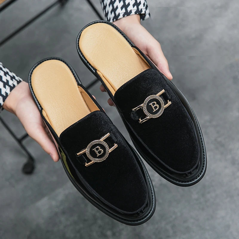Men’s Suede Half Slippers - Patchwork Casual Metal Buckle Breathable Mules Driving Moccasin Shoes