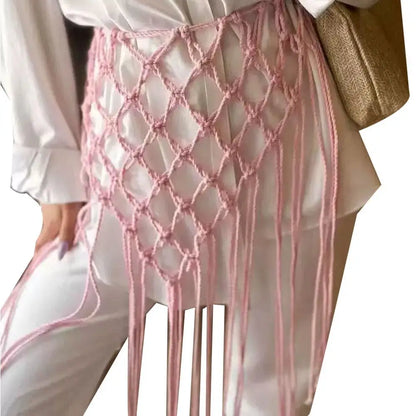Boho Macrame Waist Belt - Handwoven Tassel Fringe Belt for Dresses & Festivals